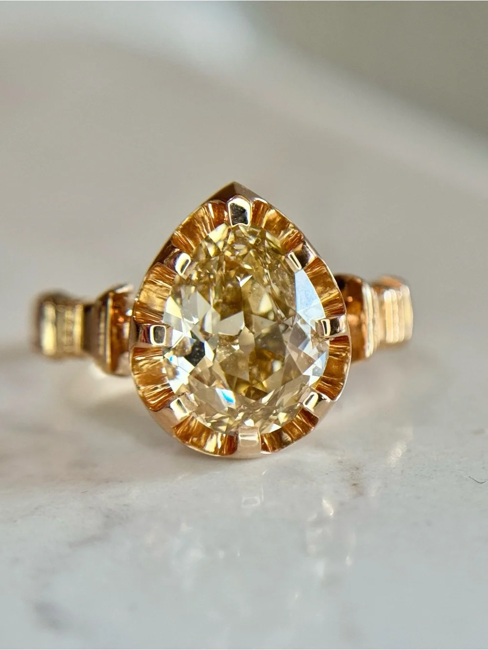 2.14 carat GIA Fancy Yellow-Brown Antique Cut Pear Natural Diamond Ring